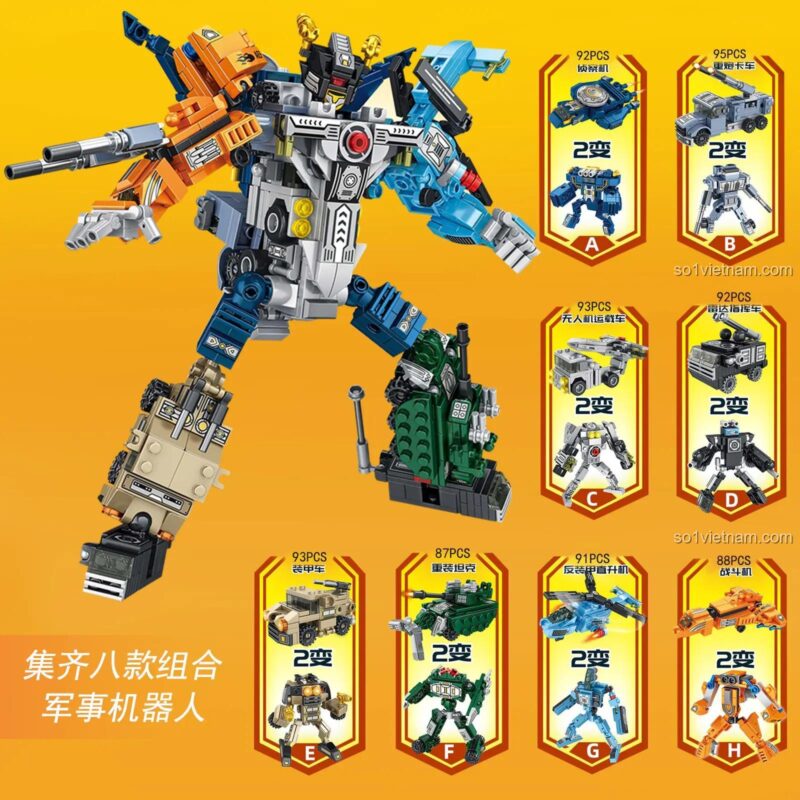 Đồ chơi mô hình Robot Biến Hình PanlosBrick 633075, chi tiết 8 mẫu xe quân sự nhỏ như xe tăng, máy bay, trực thăng, có thể biến hình thành robot nhỏ, đồ chơi lắp ráp cho bé trai 6 tuổi, giá tiết kiệm.