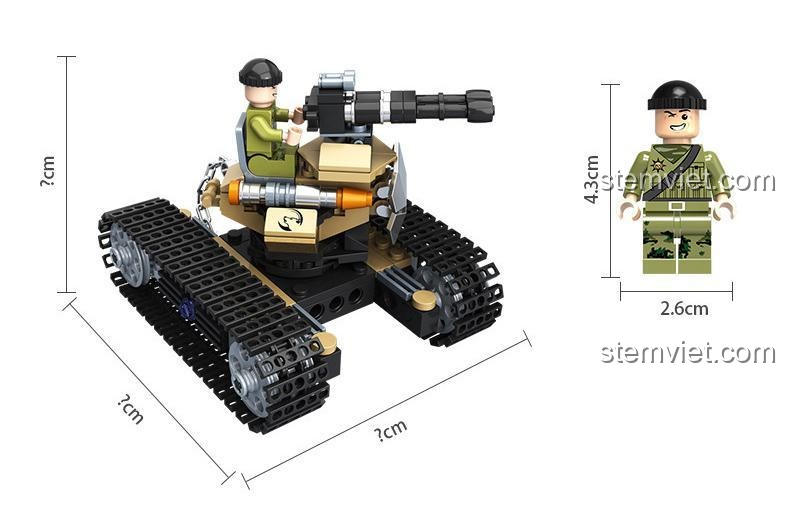 Bộ đồ chơi PanlosBrick 635009 Pháo Tự Hành Quân Sự hiển thị kích thước mô hình 7x7x7cm và minifigure, phù hợp bé trai 6 tuổi