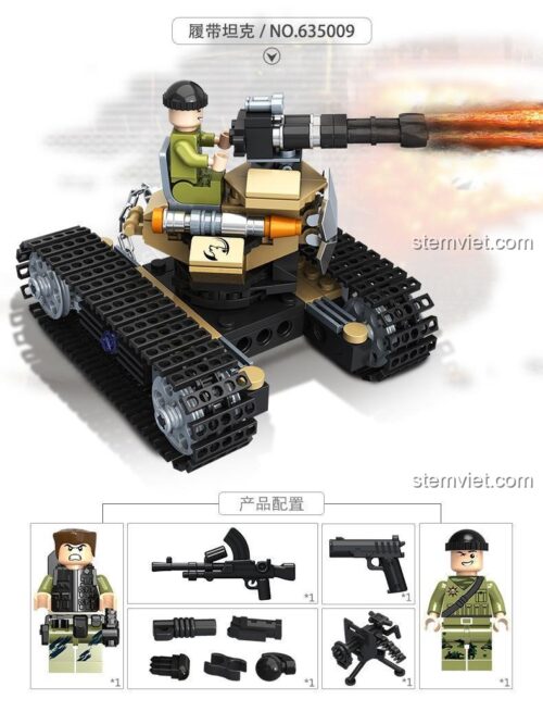 Đồ chơi lắp ráp PanlosBrick 635009 Pháo Tự Hành Quân Sự với 2 minifigures lính và vũ khí đi kèm, chất lượng cao