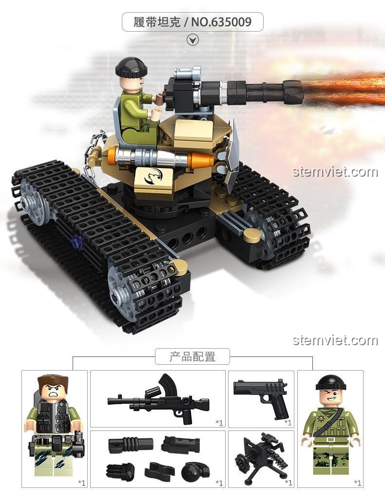 Đồ chơi lắp ráp PanlosBrick 635009 Pháo Tự Hành Quân Sự với 2 minifigures lính và vũ khí đi kèm, chất lượng cao