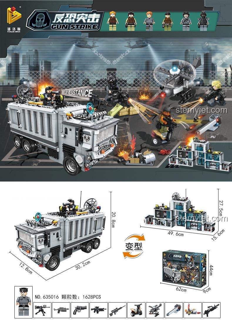Xe Tải Quân Đội PanlosBrick 635016, bộ xếp hình Trạm Chỉ Huy Cơ Động với 1628 mảnh ghép, đồ chơi quân sự cho bé trai 6 tuổi, kích thước mô hình và hộp