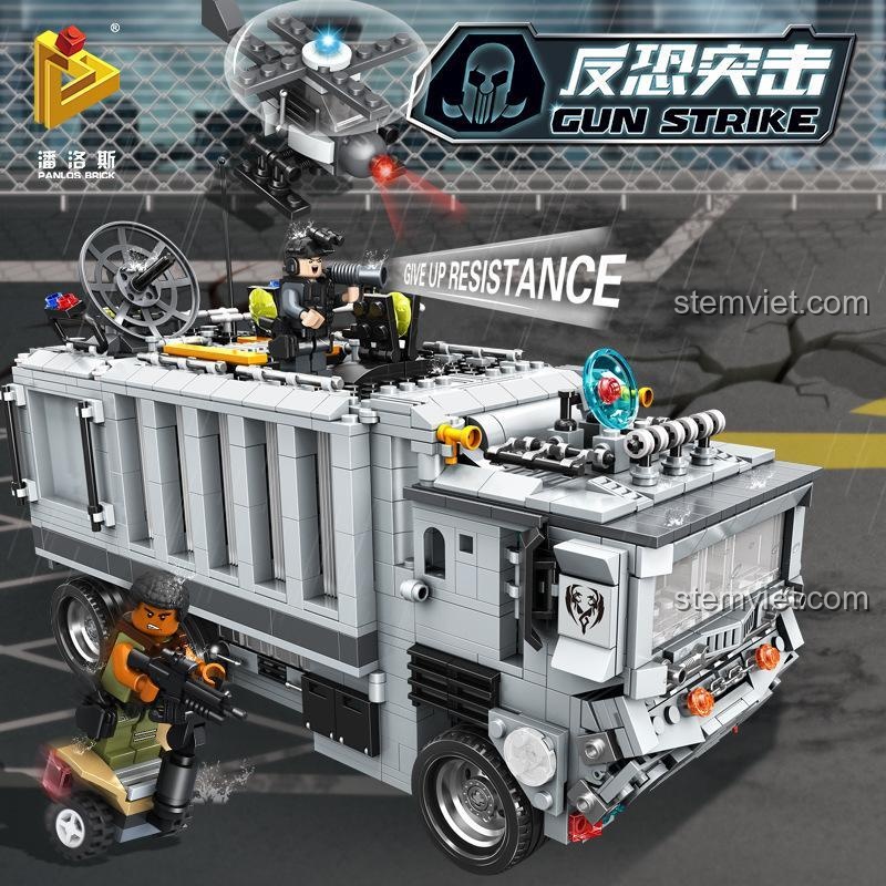 Đồ chơi mô hình PanlosBrick 635016 Xe Chỉ Huy Quân Sự, bộ lắp ghép Trạm Chỉ Huy Di Động Chống Khủng Bố với minifigure, chất lượng cao