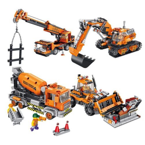 Bộ 4 Xe Công Trình Xây Dựng PanlosBrick 640003C - Máy xúc, xe ủi, xe cẩu, xe trộn bê tông - Đồ chơi lắp ghép cho bé trai 6 tuổi