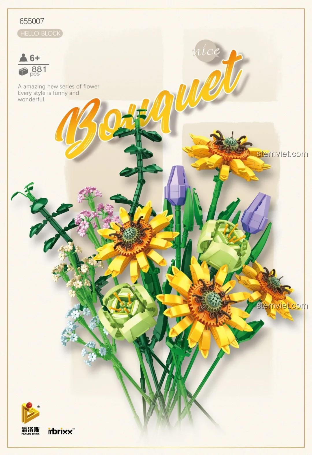 Hộp bộ lắp ghép Bó Hoa Xếp Hình PanlosBrick 655007, đồ chơi mô hình Hoa Tulip Lắp Ghép 881 chi tiết, phù hợp bé trai và bé gái 6 tuổi, giá tiết kiệm.