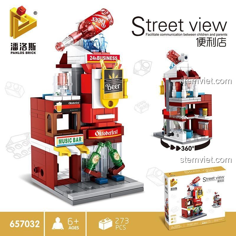 Hộp sản phẩm PanlosBrick 657032 Bộ lắp ghép Quán Bar & Cửa hàng Tiện lợi, Đồ chơi xây dựng kiến trúc phố phường cho bé 6 tuổi