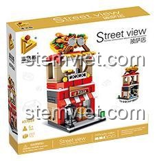 Hộp bộ lắp ghép PanlosBrick 657034 Pizza Store, đồ chơi mô hình cửa hàng Pizza, đồ chơi lắp ghép cho bé trai 6 tuổi, kiến trúc tinh xảo, giá tốt
