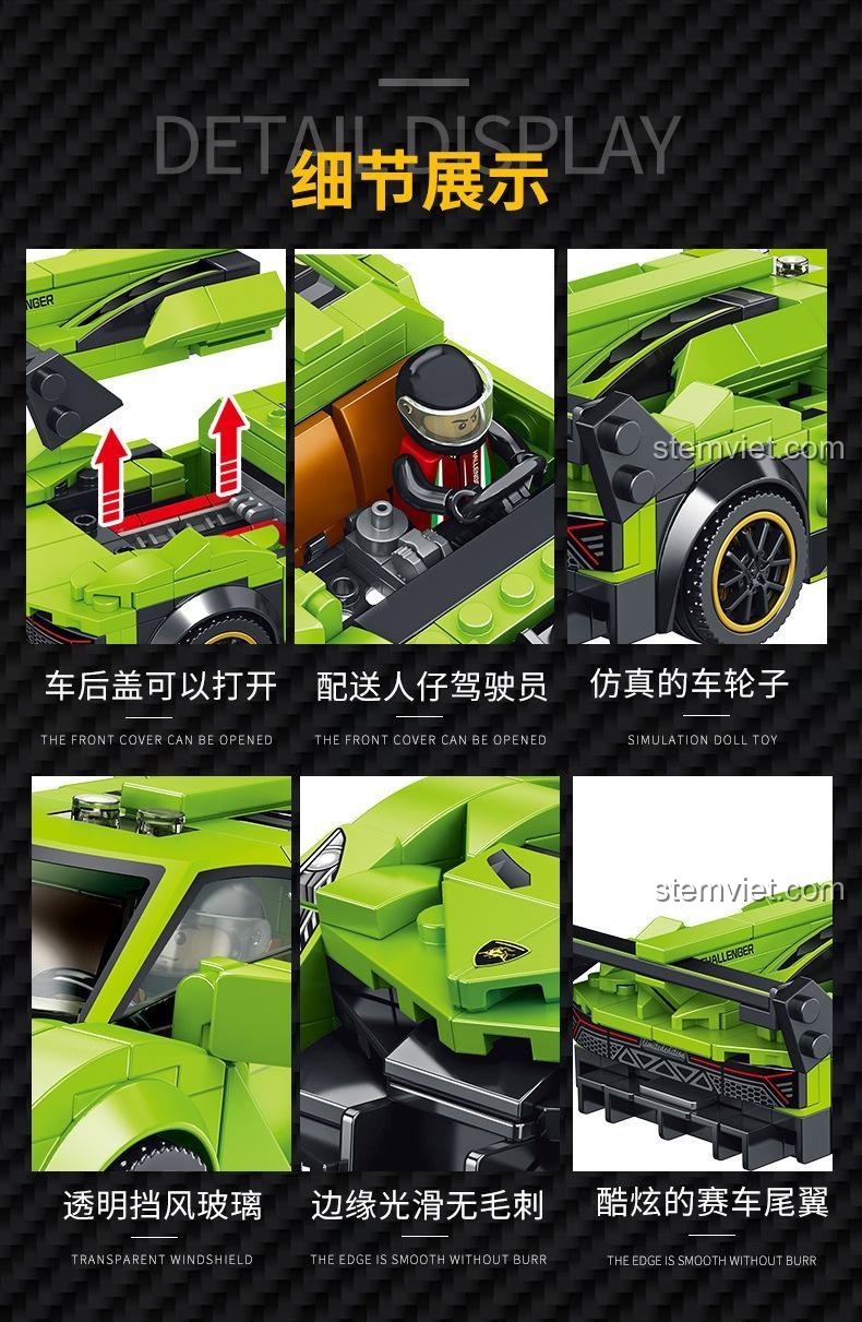 Chi tiết hiển thị của đồ chơi mô hình Lamborghini Veneno PanlosBrick 666018, với nắp capo mở được, minifigure và bánh xe mô phỏng.