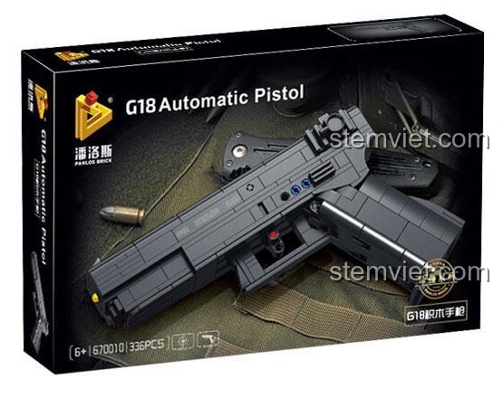 Hộp sản phẩm đồ chơi lắp ráp PanlosBrick 670010 Súng Lục G18, bộ đồ chơi 336 mảnh, có điểm nhấn nổi bật là bắn đạn nhựa, phù hợp bé trai 6 tuổi.