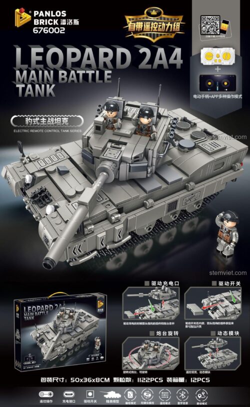Hộp đồ chơi lắp ráp PanlosBrick 676002 Xe Tăng Leopard 2A4 RC, hiển thị các tính năng điều khiển từ xa, tháp pháo xoay và 1122 mảnh ghép, phù hợp bé trai.