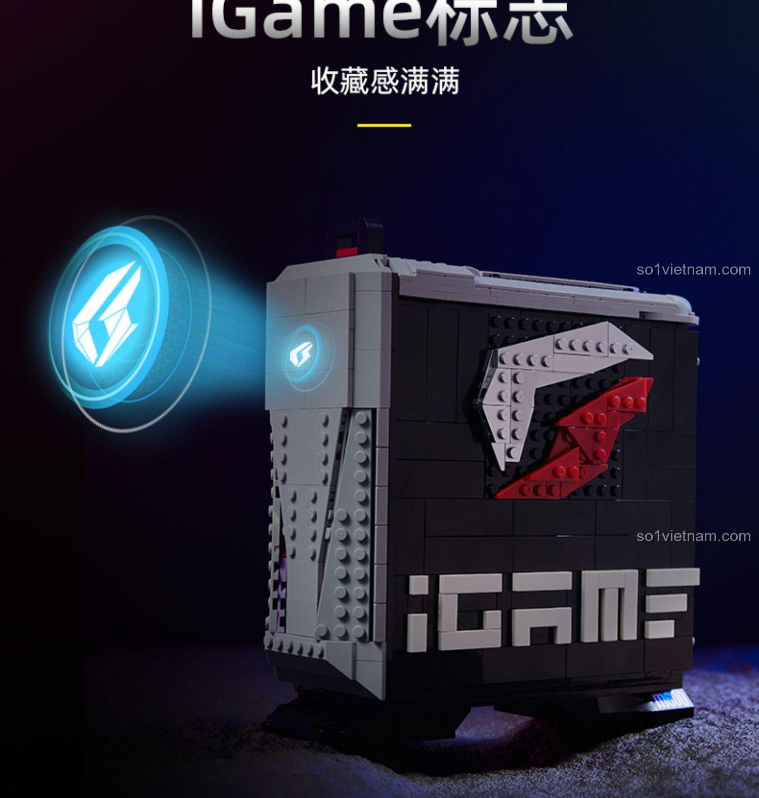 Hiệu ứng đèn LED rực rỡ trên đỉnh bộ lắp ghép Máy tính iGame Kỳ Thú Pantasy 11008, tạo không gian huyền ảo, đồ chơi sáng tạo cho bé trai 8 tuổi.