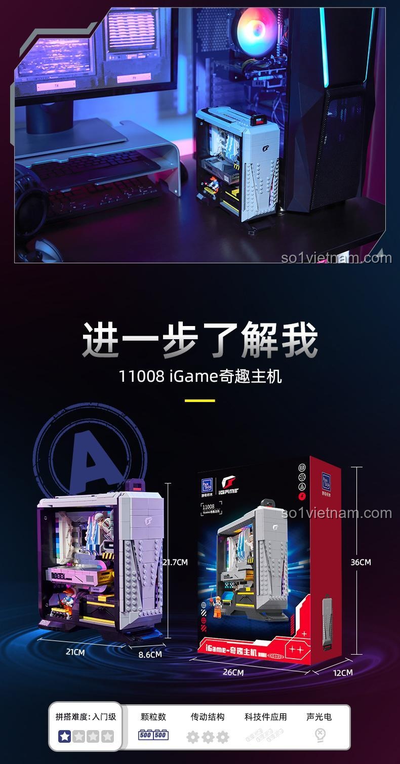 Hộp đồ chơi mô hình Pantasy 11008 Máy tính iGame Kỳ Thú, thể hiện kích thước và số chi tiết, đồ chơi xếp hình chất lượng cao cho bé trai 8 tuổi.