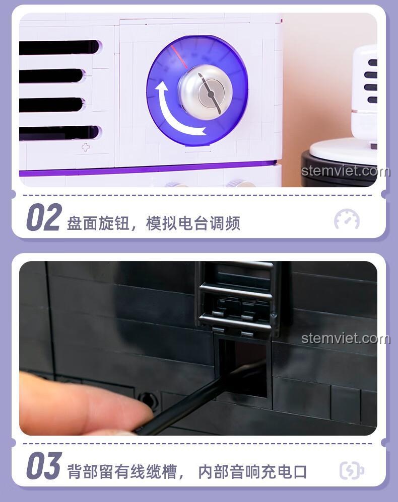 Các chi tiết chức năng của mô hình radio Pantasy 11015: núm xoay dò đài và khe cắm sạc cho loa bên trong.