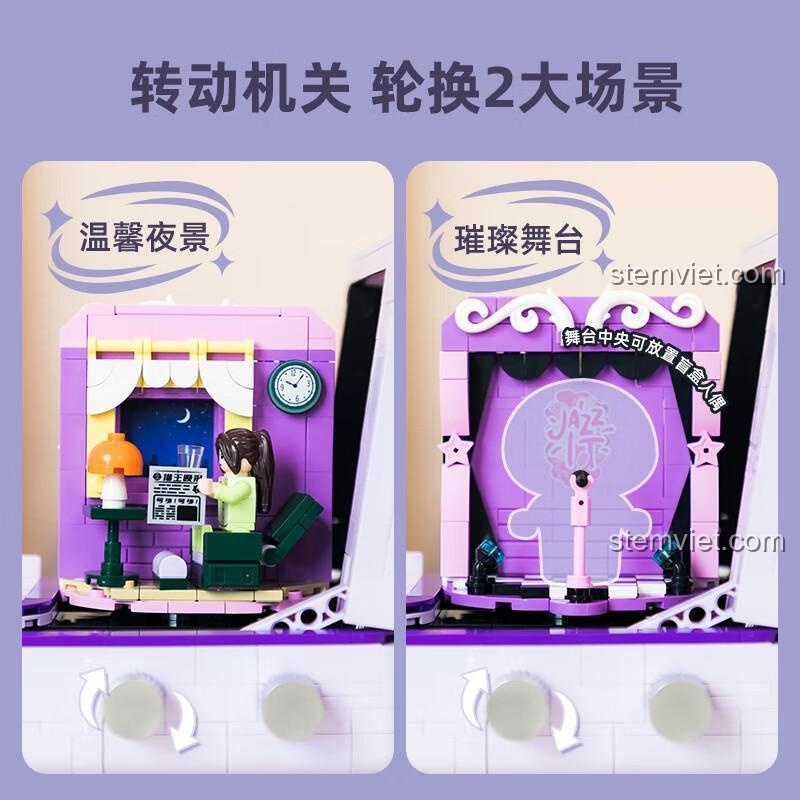 Cơ chế xoay của bộ đồ chơi Pantasy 11015 cho phép chuyển đổi giữa 2 bối cảnh: cảnh đêm ấm áp và sân khấu lấp lánh.