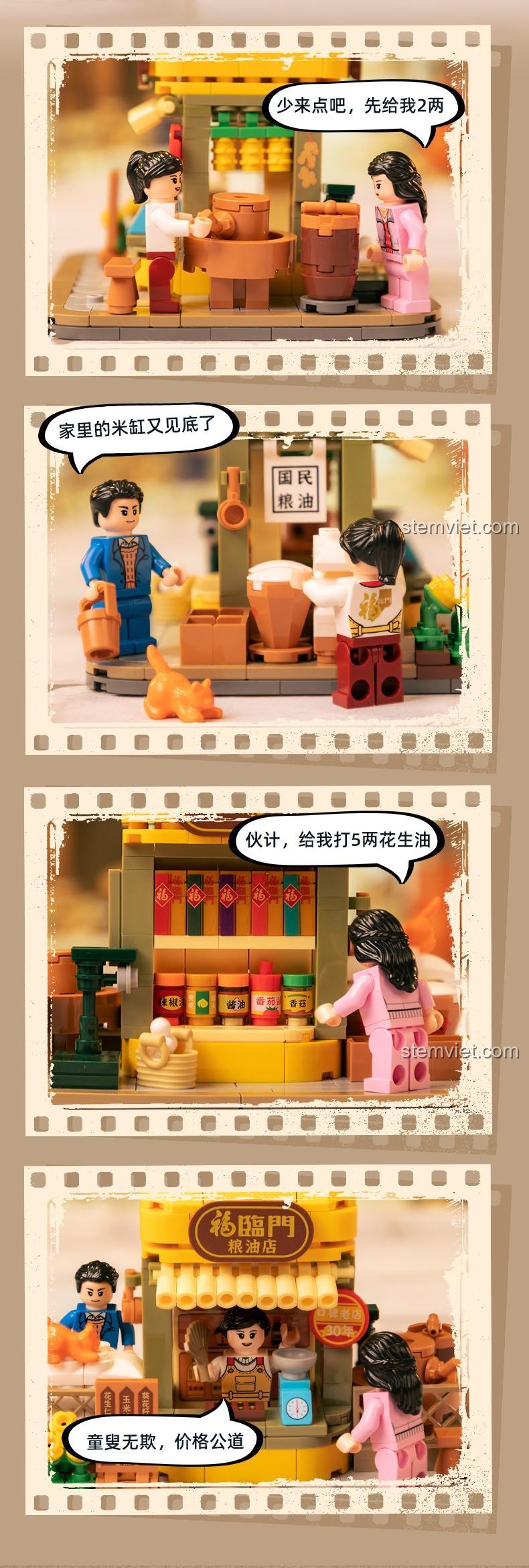 Ba minifigures chính trong Cửa hàng lương thực hoài niệm Pantasy 11020: Zhao Bố, Tiểu Trần, Zhao Mẹ, mang đến trải nghiệm nhập vai sống động.