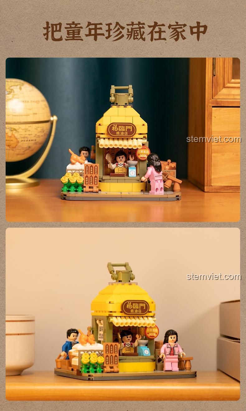 Minifigures trong bộ đồ chơi Pantasy 11020 Cửa hàng lương thực hoài niệm đang tương tác, giúp bé phát triển kỹ năng giao tiếp.