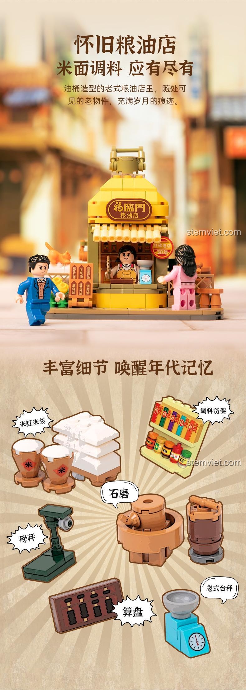 Cận cảnh đồ chơi mô hình Cửa hàng truyền thống Pantasy 11020 với 3 minifigures, chi tiết cao, đáng tiền cho trẻ 8 tuổi.