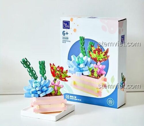 Hộp sản phẩm Pantasy 15100 Chậu cây mọng nước "Something Blue" - Bộ đồ chơi lắp ghép mô hình thực vật trang trí nhà cửa, quà tặng ý nghĩa cho bé gái 6 tuổi, màu hồng xanh lá đỏ trắng