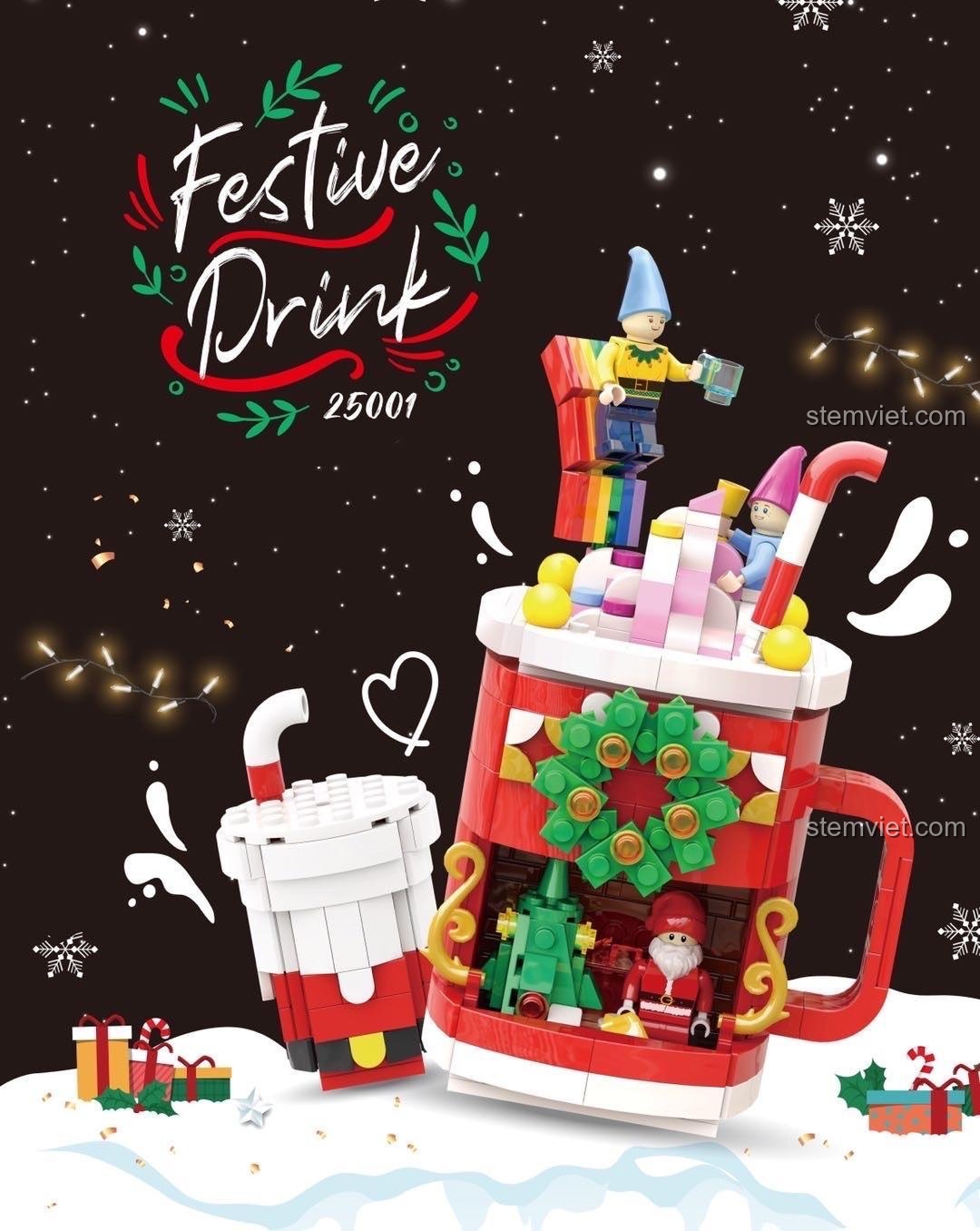 Hộp sản phẩm Pantasy 25001 Festive Drink với hình ảnh mô hình cốc đồ uống Giáng Sinh lớn và nhỏ, tuyết rơi và đèn trang trí, món quà tuyệt vời cho mùa lễ hội.