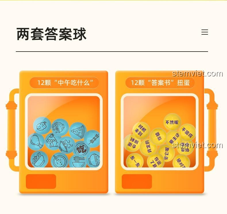 Hai bộ bóng trả lời đi kèm bộ lắp ghép Máy trả lời câu hỏi Pantasy 61007, giúp giải quyết đắn đo 'trưa nay ăn gì'.