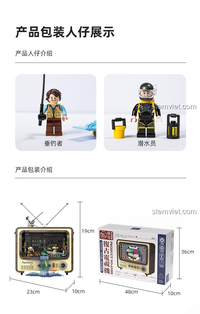 Đồ chơi lắp ghép Pantasy hiển thị chi tiết minifigure người câu cá và thợ lặn, cùng kích thước mô hình và hộp, giúp người mua dễ dàng hình dung sản phẩm.