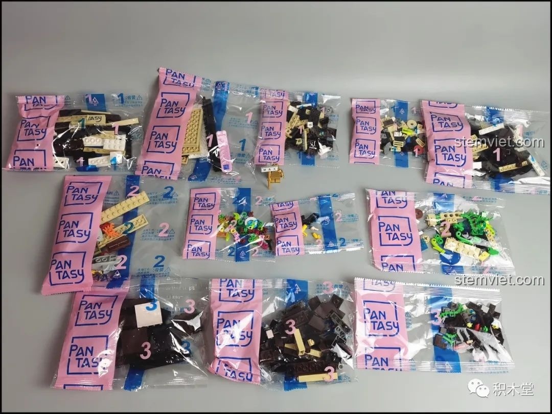 Các túi chi tiết của bộ lắp ráp Pantasy 61008 được đánh số từ 1 đến 3, sắp xếp trên mặt phẳng.