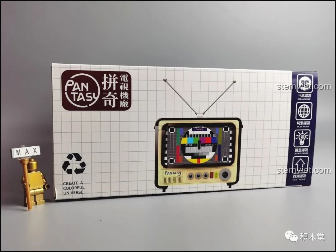 Cạnh bên hộp Pantasy 61008 Tivi Cổ Điển với logo Pantasy, biểu tượng tái chế và chứng nhận chất lượng.