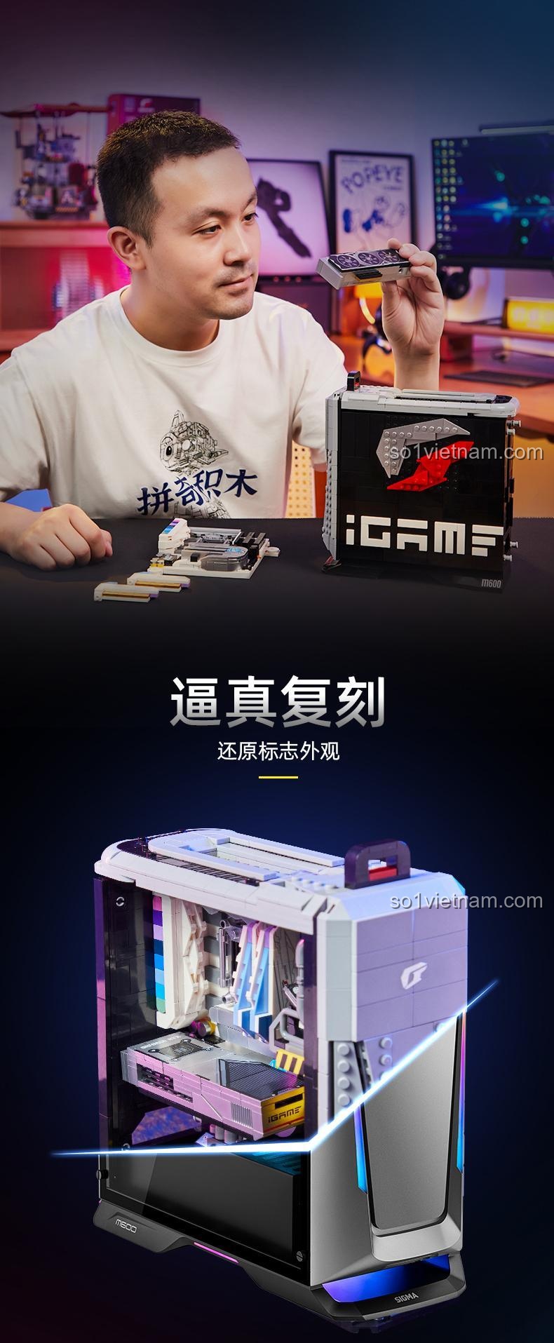 Người đàn ông cầm mô hình Máy tính iGame Pantasy 85004, thể hiện kích thước thực tế của bộ đồ chơi mô hình PC Gaming iGame, giá trị cao cho con trai 14 tuổi