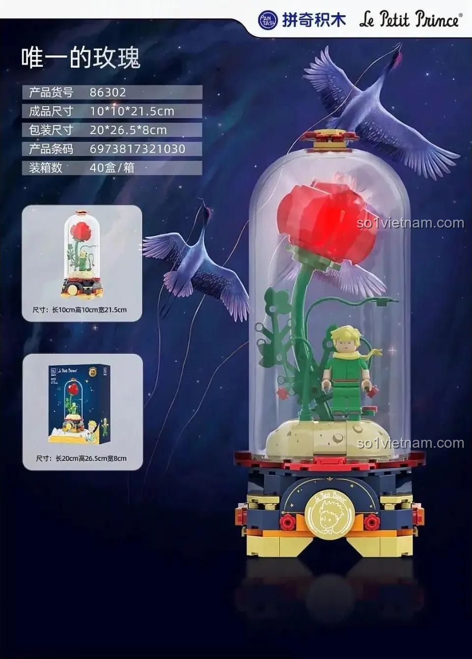 Hộp bộ lắp ghép Bông hồng vĩnh cửu 86302 Pantasy, hiển thị kích thước sản phẩm, món quà đáng tiền cho con gái 8 tuổi.