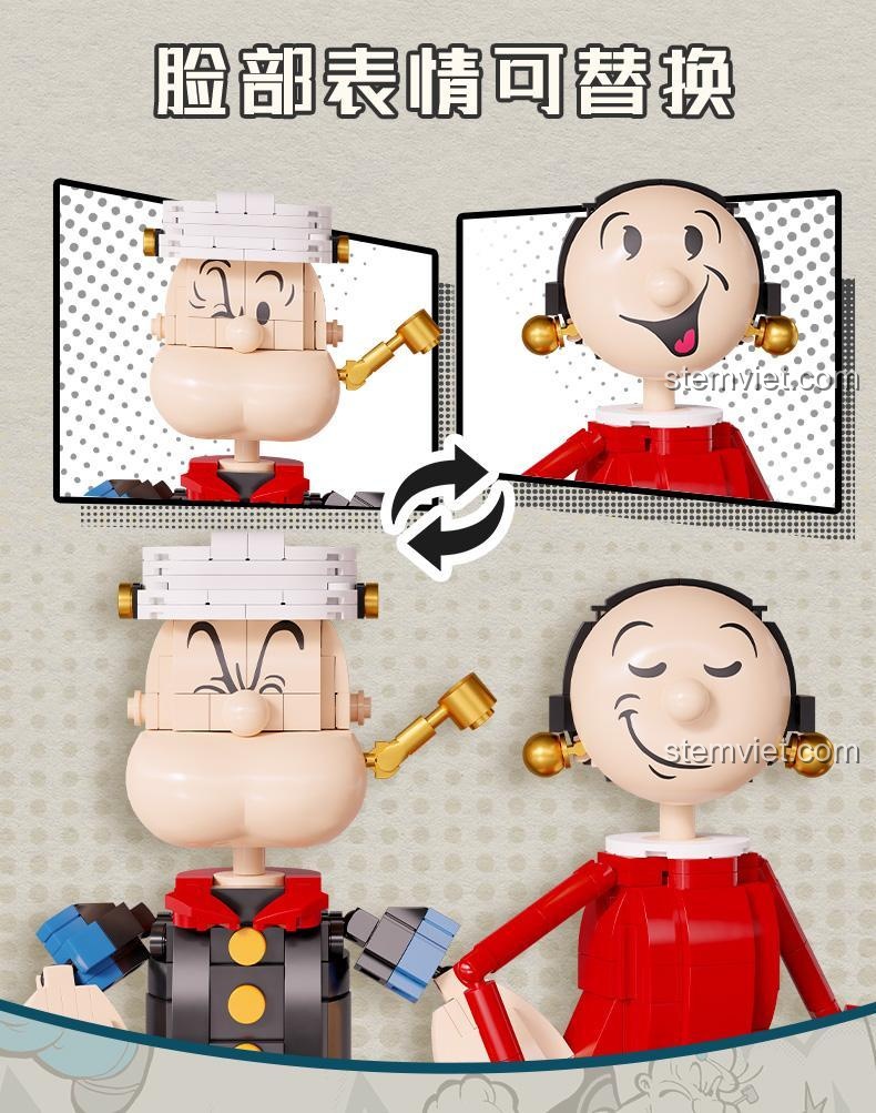 Bộ xếp hình Pantasy Thủy thủ Popeye và Olive Oyl có thể thay đổi biểu cảm khuôn mặt, tăng tính tương tác.