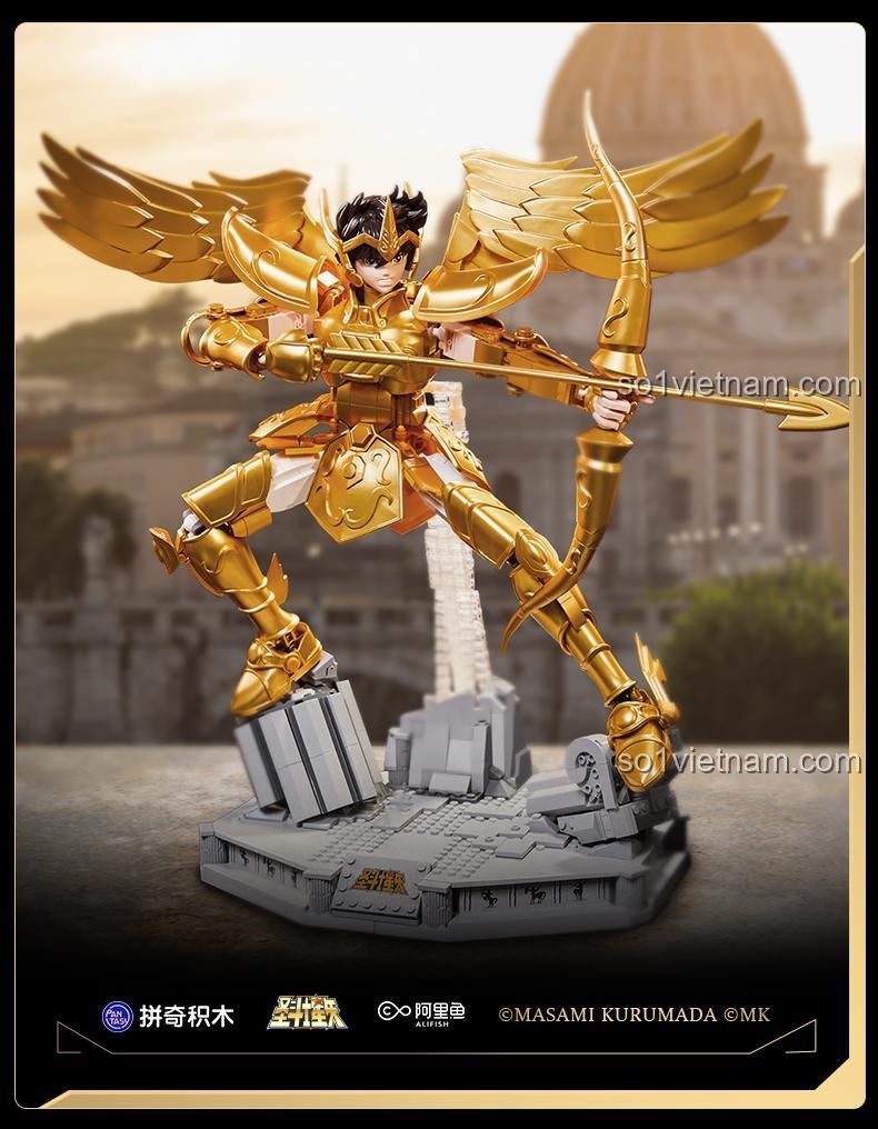 Mô hình Pantasy 86601 Thánh Đấu Sĩ Seiya Cung Thủ Vàng trong tư thế chiến đấu mạnh mẽ, tái hiện bối cảnh cổ kính, chất lượng cao, giá tốt.