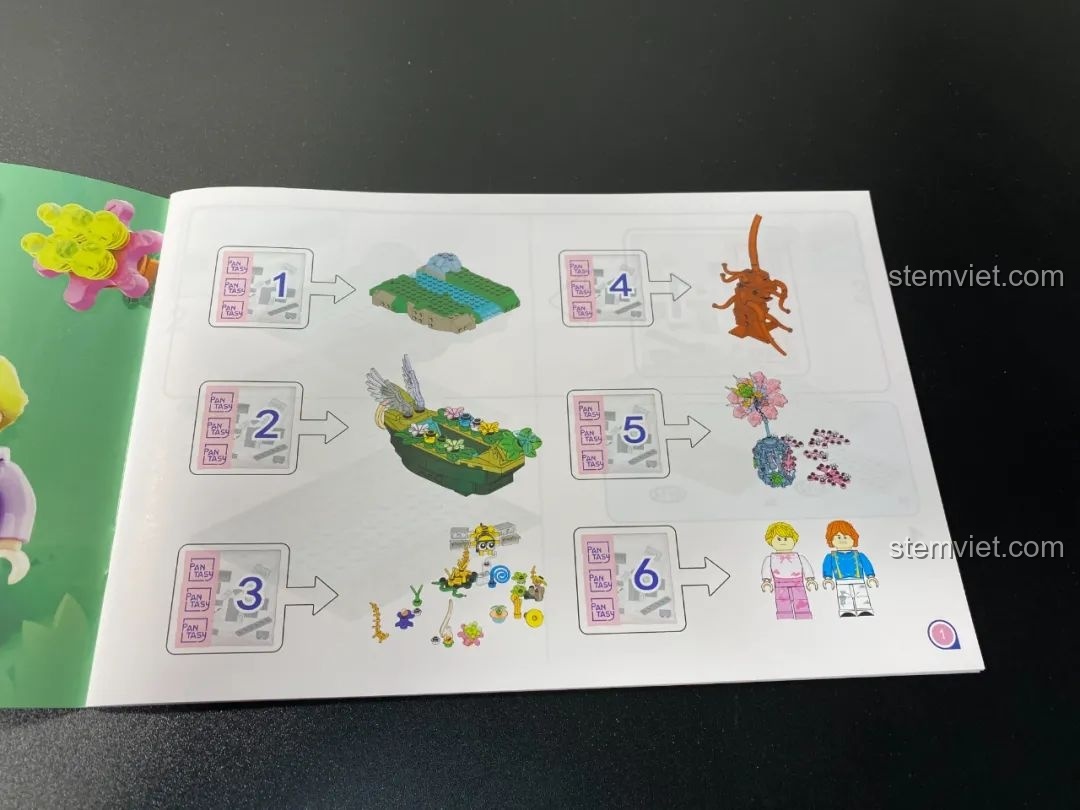 Trang hướng dẫn lắp ráp Pantasy 15002, hiển thị các bước lắp ráp chính và các túi linh kiện tương ứng, giúp người chơi dễ dàng theo dõi.