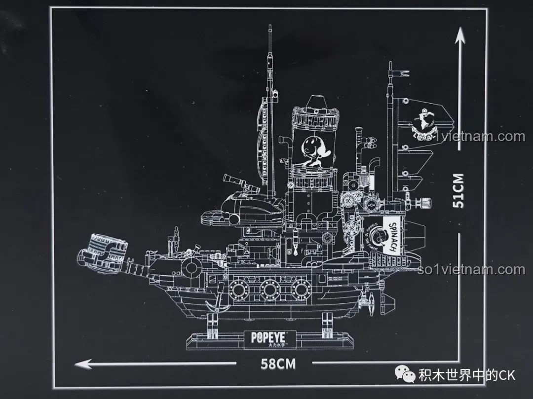 Bản vẽ kỹ thuật của thuyền hơi nước Popeye trong bộ lắp ráp Pantasy 86402