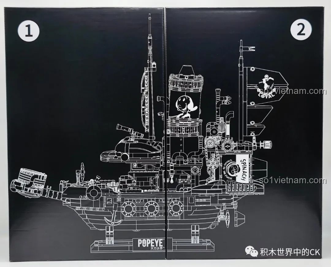 Hộp bộ lắp ráp Pantasy 86402 Popeye với tông màu đen và bản vẽ thuyền