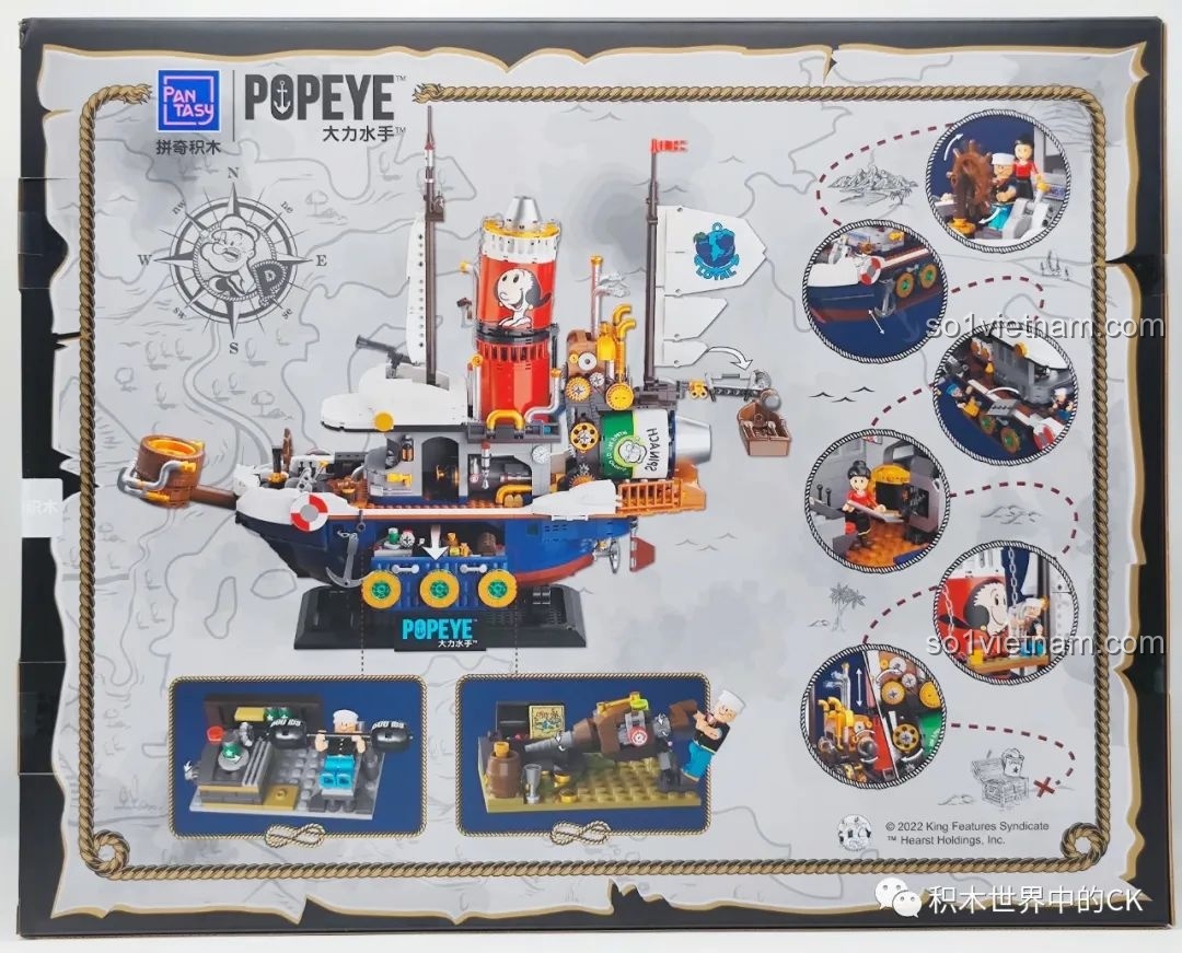 Mặt sau hộp bộ lắp ráp Pantasy 86402 Popeye: Thuyền Hơi Nước Tìm Kho Báu với các chi tiết và góc nhìn khác nhau