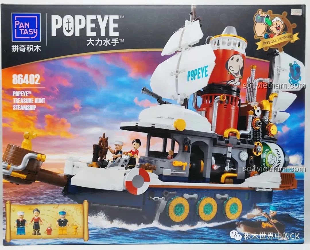 Mặt trước hộp bộ lắp ráp Pantasy 86402 Popeye: Thuyền Hơi Nước Tìm Kho Báu với hình ảnh thuyền và nhân vật Popeye