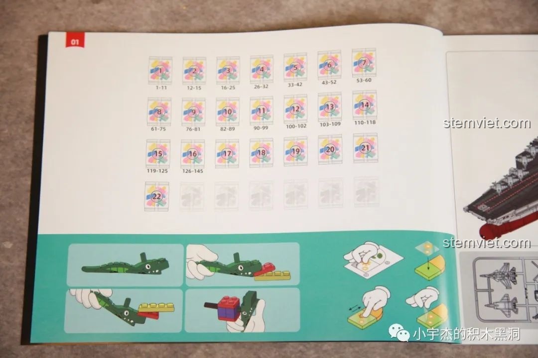 Trang sách hướng dẫn Sluban M38-B1188 Tàu Sân Bay Phúc Kiến hiển thị tổng cộng 22 túi chi tiết được đánh số.