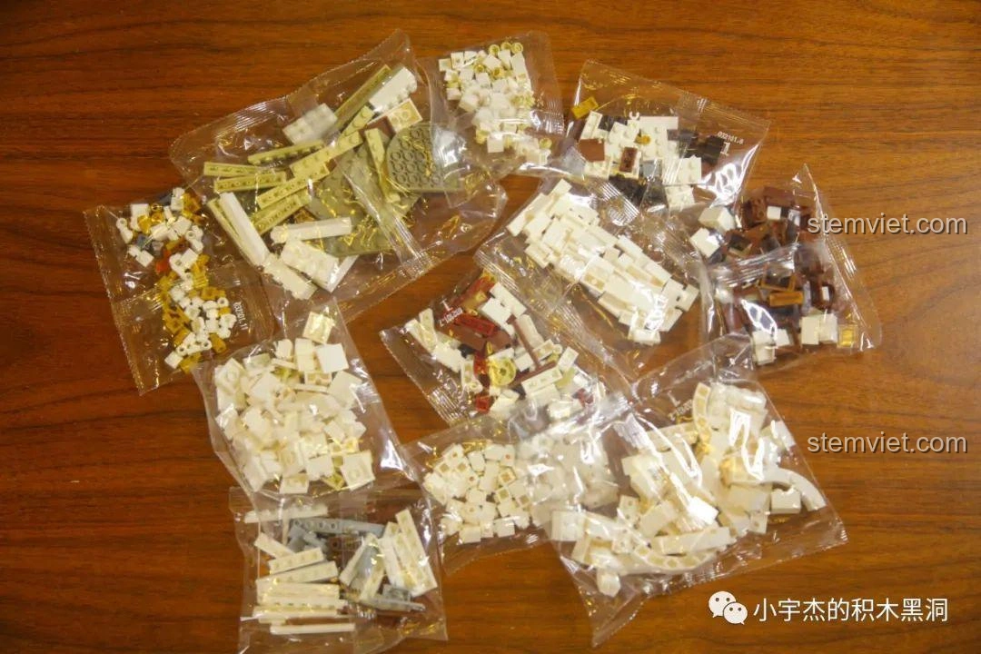 Các túi mảnh ghép được phân loại trong bộ lắp ráp MORK 032101 Ngân hàng Gringotts, tiện lợi.