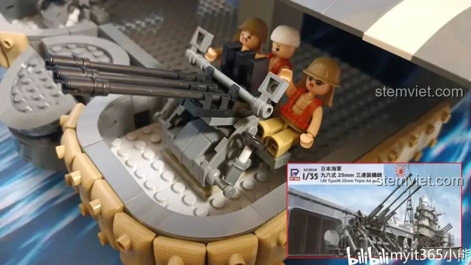 Cận cảnh ụ pháo phòng không trên tàu sân bay MOC với các minifigure đang vận hành.