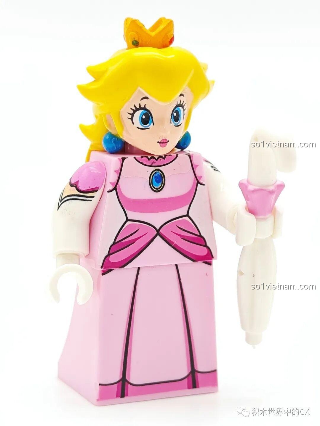 Minifigure Công chúa Peach WM6103 cầm cây dù trắng, một phụ kiện đáng yêu đi kèm.