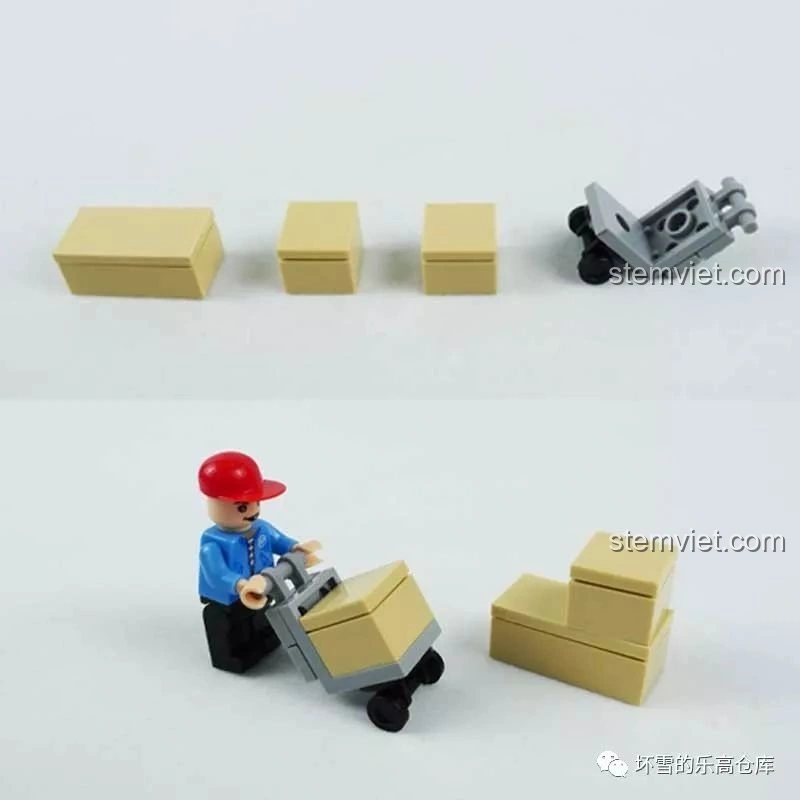 Các phụ kiện đi kèm minifigure trong bộ KAZI KY98220 Tàu Hỏa Đông Phong 11Z, bao gồm thùng hàng và xe đẩy.