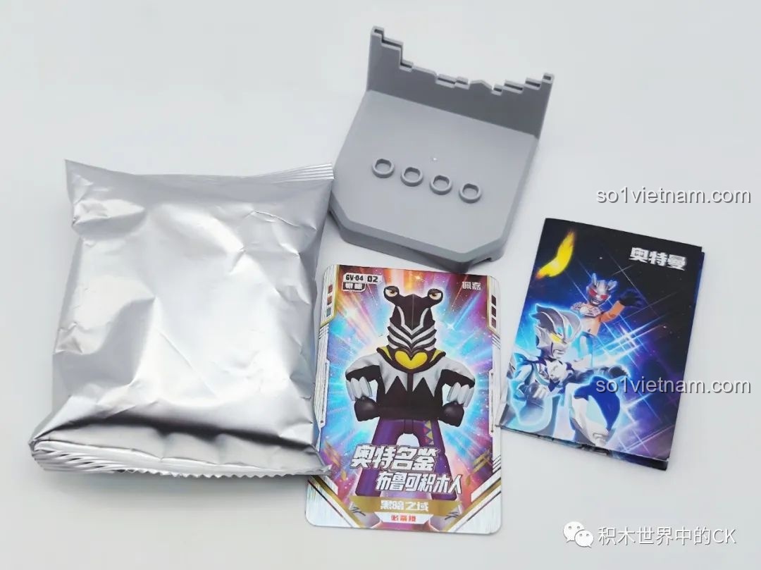 Phụ kiện đi kèm của một nhân vật quái vật trong bộ lắp ráp BLOKEES, bao gồm túi mảnh ghép và thẻ bài.