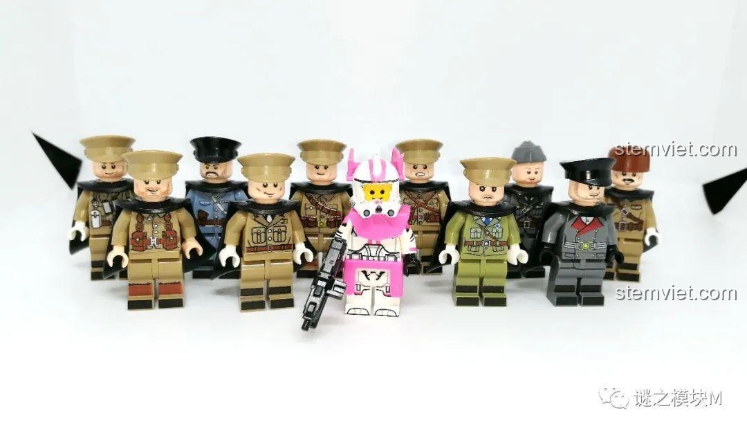 Góc chụp khác của nhóm minifigure quân đội phụ lục, thể hiện sự phong phú về trang phục. Đồ chơi lắp ráp sưu tầm.