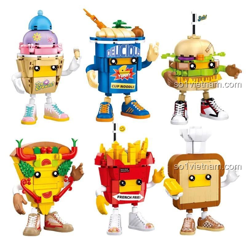 6 mẫu còn lại của bộ xếp hình Pleyerid B1123, bao gồm Kem, Mì ly, Hamburger, Pizza, Khoai tây chiên và Bánh mì. Món quà sinh nhật độc đáo cho bé.
