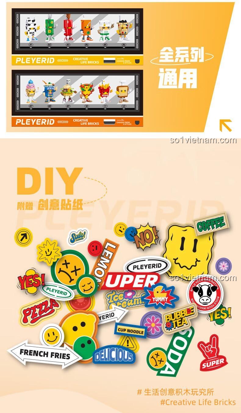 Bộ sticker DIY sáng tạo đi kèm với bộ xếp hình Pleyerid M38-B1123, cho phép bé tự do trang trí nhân vật.
