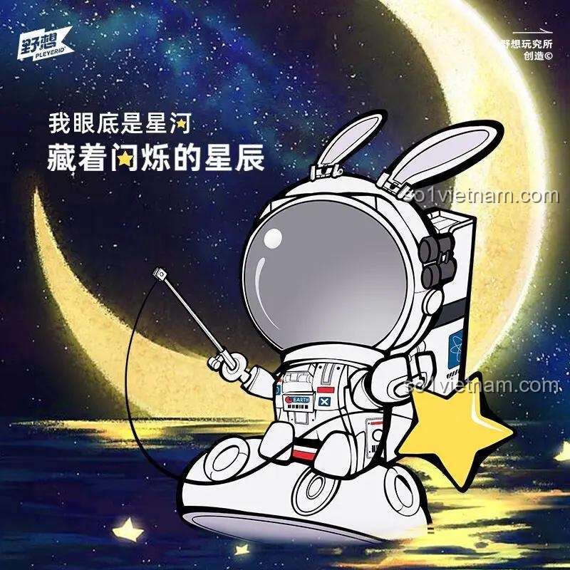 Hình vẽ nghệ thuật của Phi hành gia MARO Pleyerid dạng thỏ ngồi trên mặt trăng câu sao. Một món đồ chơi mô hình đầy tính tưởng tượng.