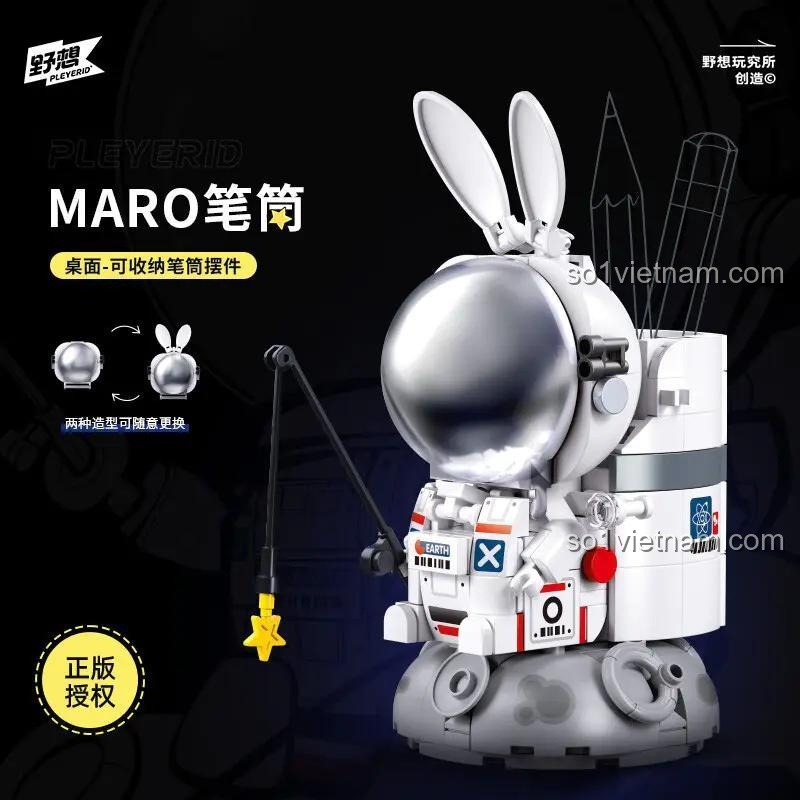 Cận cảnh đồ chơi mô hình ống đựng bút phi hành gia thỏ MARO Pleyerid M38P8001. Món đồ trang trí bàn học độc đáo, có thể thay đổi 2 kiểu mũ.