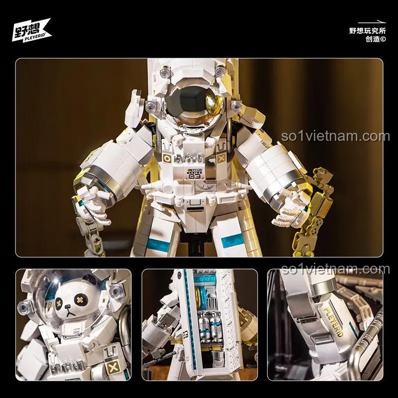 Cận cảnh các chi tiết tinh xảo của bộ lắp ghép Pleyerid P8003: mặt nạ gấu trúc, ba lô, cánh tay.