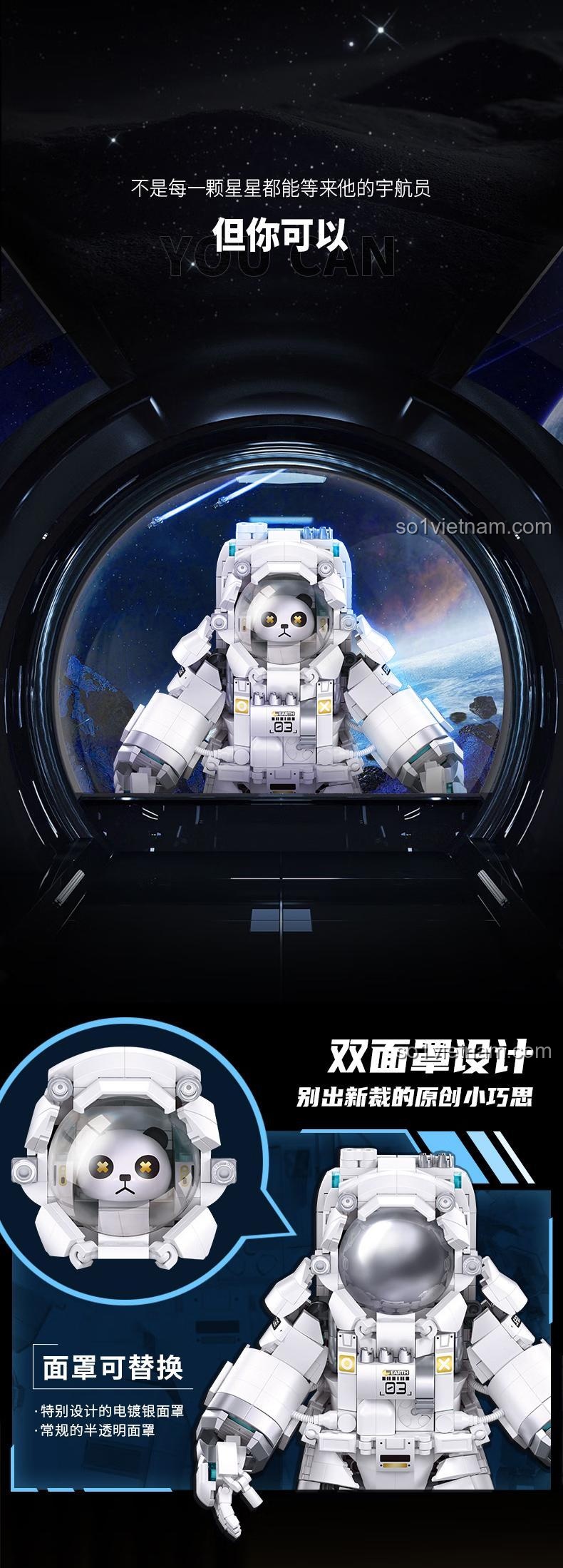 Cận cảnh mặt nạ gấu trúc độc đáo và mặt nạ bạc của đồ chơi xây dựng Người máy không gian Pleyerid M38-P8003.