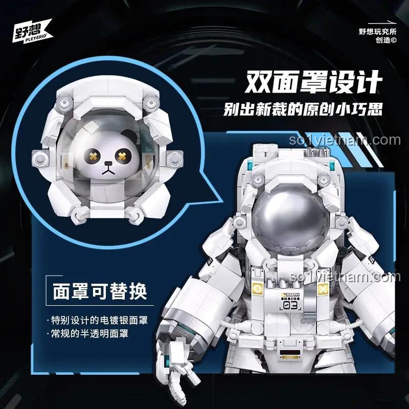 Tính năng đặc biệt của đồ chơi mô hình Pleyerid 8003: mặt nạ có thể thay thế giữa hình gấu trúc và kính bạc.