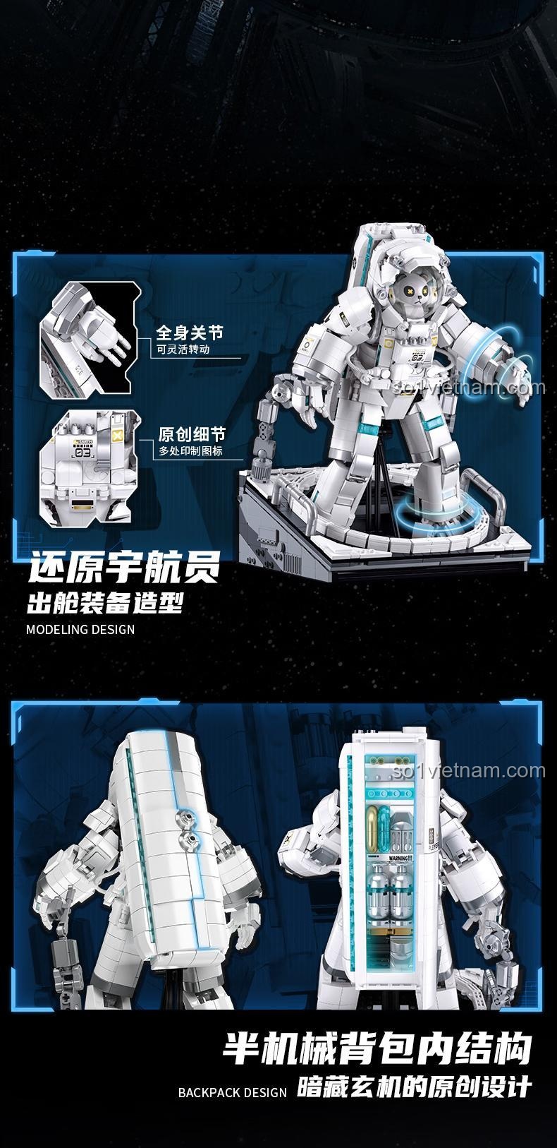 Mô tả các tính năng của figure lắp ráp Astronaut Spacewalk: khớp cử động toàn thân, chi tiết in sắc nét, ba lô bán cơ khí.